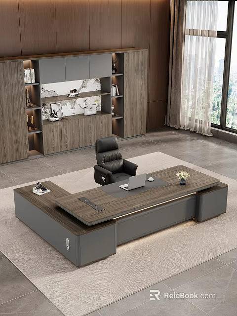 Modern Wooden Executive Office Desk Featuring Laptop Mouse Small Flower Vase And Black Leather Chair 3d model 