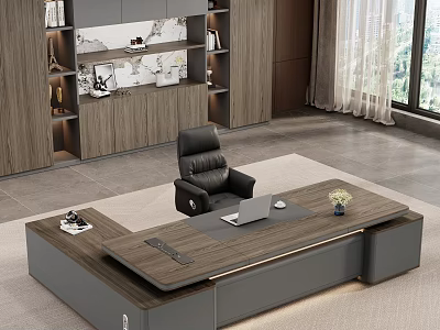 Modern Wooden Executive Office Desk Featuring Laptop Mouse Small Flower Vase And Black Leather Chair 3d model