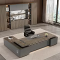 Modern Wooden Executive Office Desk Featuring Laptop Mouse Small Flower Vase And Black Leather Chair