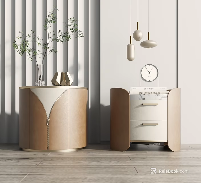 Modern Simple Nightstand Interior With Round Design And Drawers And Decorative Plants And Clock 3d model 