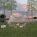 Outdoor Table with Metal Chairs White Canopy Grass Area Lake View Sunset Sky