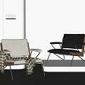 White and Black Leisure Chairs with Wooden Armrests Plaid Blanket in Modern Interior