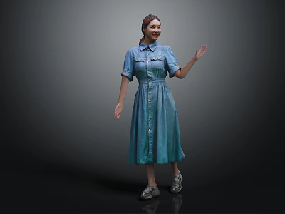 Smiling woman in blue collared short sleeve buttoned dress on dark background raising one hand 3d model