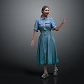 Smiling woman in blue collared short sleeve buttoned dress on dark background raising one hand