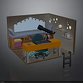 Miniature Room Scene With Orange Desk Green Chair Bookshelf Ladder And Star Decorations