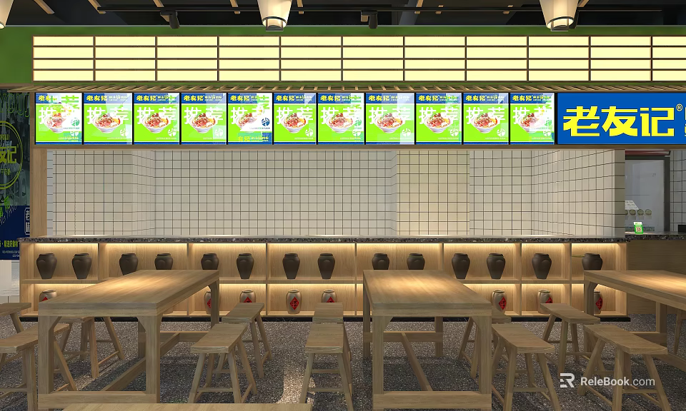Old Jar Sour Cabbage Noodle Restaurant with Menu Screens Wooden Tables and White Grid Walls 3d model 