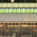 Old Jar Sour Cabbage Noodle Restaurant with Menu Screens Wooden Tables and White Grid Walls