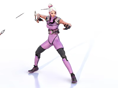 Game Character In Purple Outfit With White Hair And Combat Stance Holding Weapons 3d model