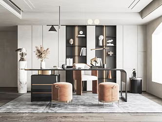 Modern Study Desk and Chair Writing Desk Bookcase Desk Lounge Chair Chandelier Decorative Cabinet 3d model