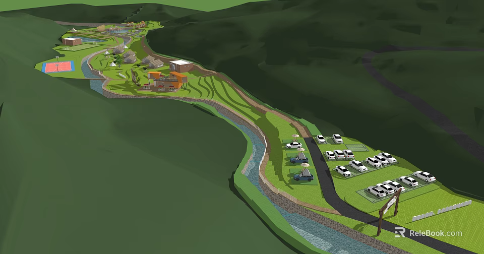 Scenic Riverside Resort Area With Grassland Buildings Vehicles And Surrounding Hills 3d model 