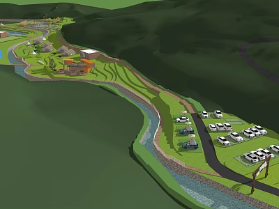 Scenic Riverside Resort Area With Grassland Buildings Vehicles And Surrounding Hills 3d model