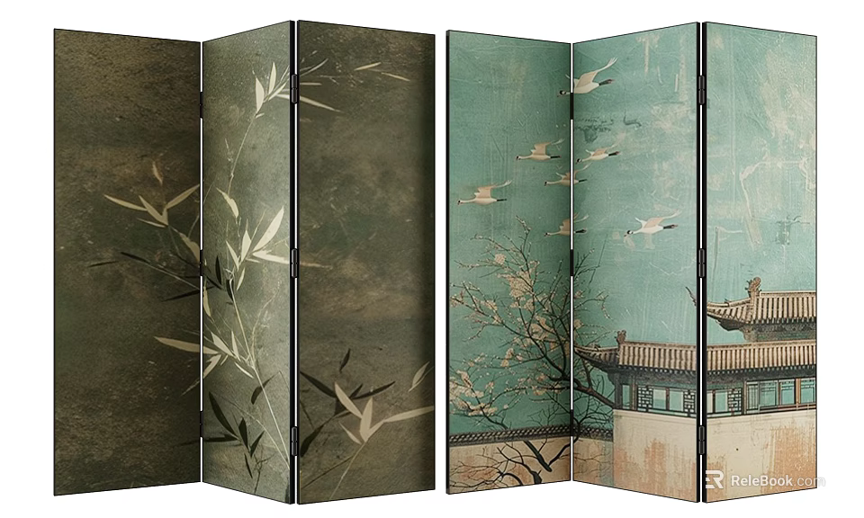 Traditional Folding Screen With Bamboo Crane Plum Blossom And Ancient Pavilion Design 3d model 
