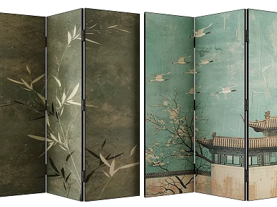Traditional Folding Screen With Bamboo Crane Plum Blossom And Ancient Pavilion Design 3d model