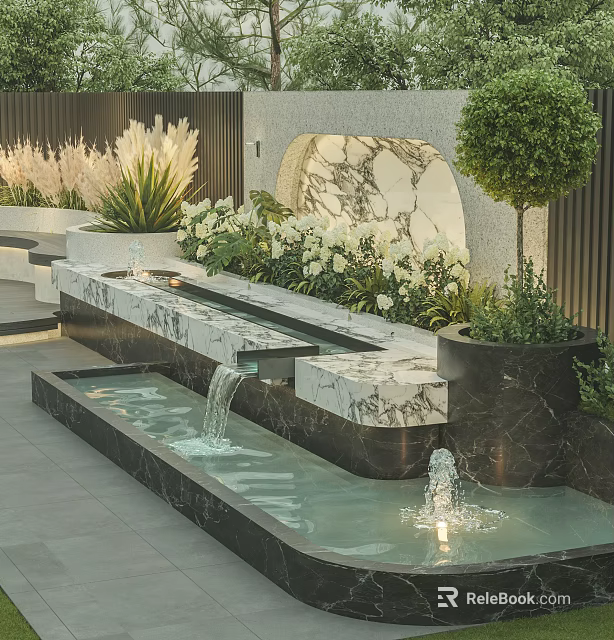 Modern Garden Design with Marble Water Feature Fountain Green Plants and Flowers 3d model 