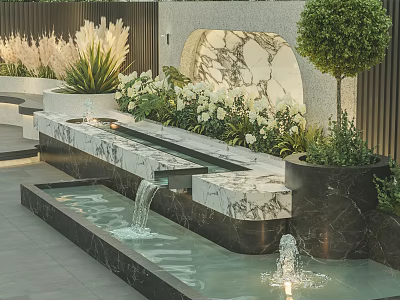 Modern Garden Design with Marble Water Feature Fountain Green Plants and Flowers 3d model