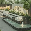 Modern Garden Design with Marble Water Feature Fountain Green Plants and Flowers