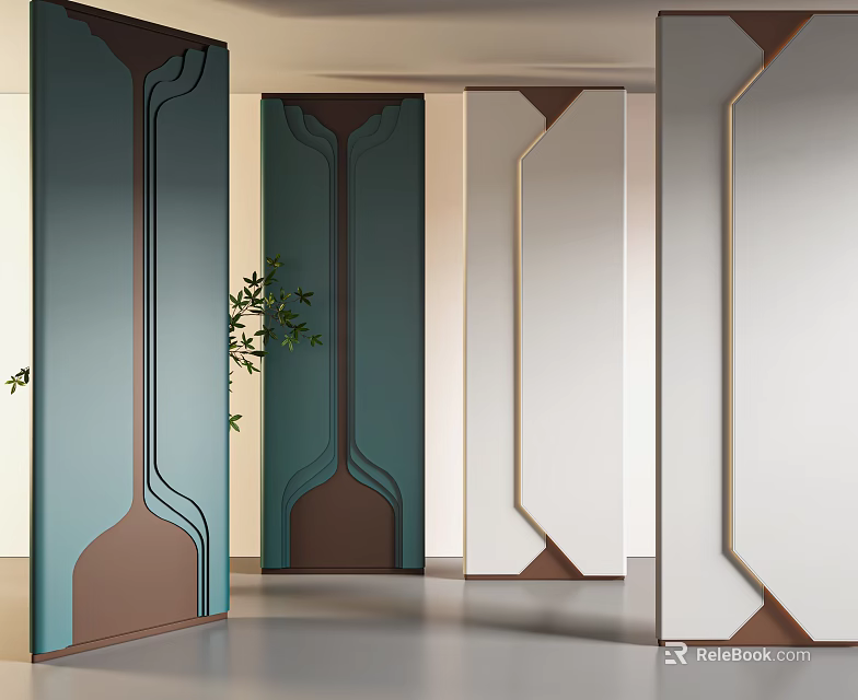 Modern Decorative Screen Design For Interior Space With Geometric Lines And Green White Brown Tones 3d model 