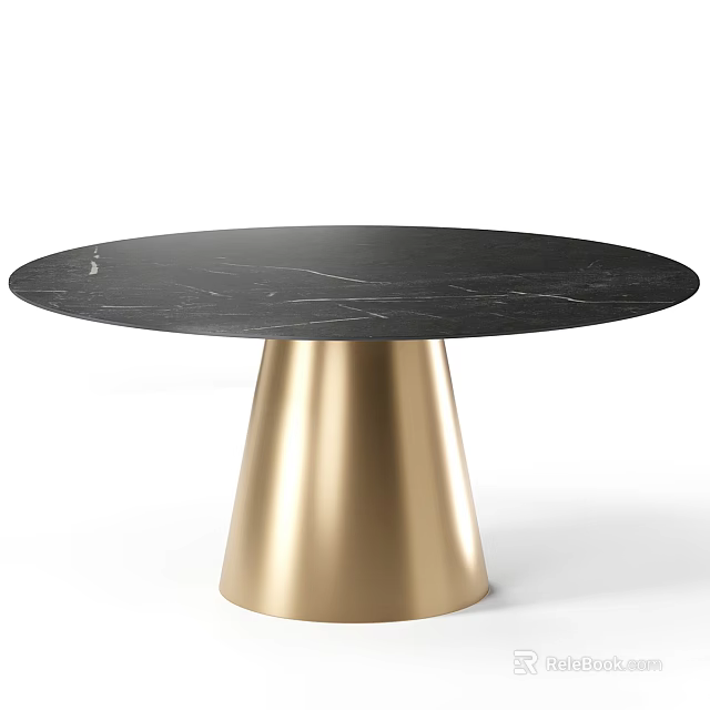 Modern Dining Table With Black Marble Tabletop And Golden Cone Shaped Base 3d model