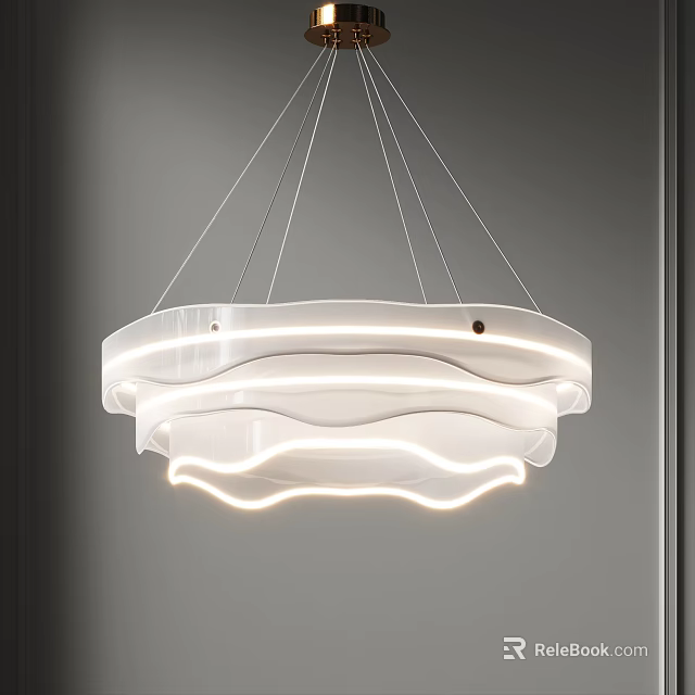 Elegant Modern Layered Wavy Chandelier with White Acrylic Design and Soft Lighting 3d model 