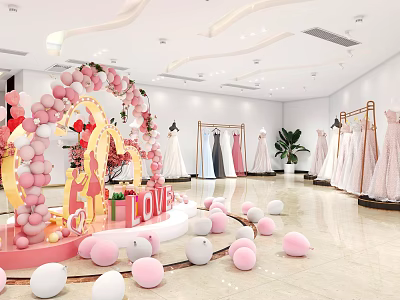 Bridal Shop Interior With Balloon Arch LOVE Decor And Various Wedding Dresses 3d model