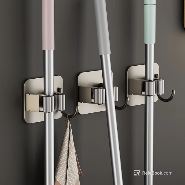 Durable Metal Wall Mounted Hooks with White Base for Hanging Mops Brooms and Towels 3d model 