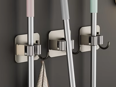 Durable Metal Wall Mounted Hooks with White Base for Hanging Mops Brooms and Towels 3d model