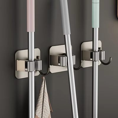 Durable Metal Wall Mounted Hooks with White Base for Hanging Mops Brooms and Towels 3d model