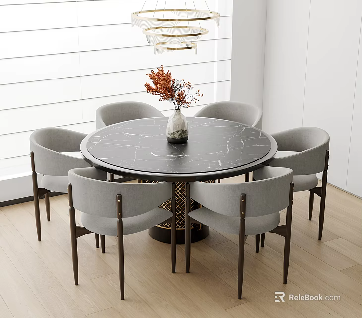 Round Black Marble Dining Table Set With Six Gray Chairs And Orange Flower Vase 3d model 