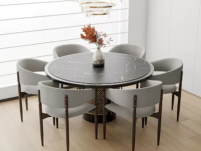Round Black Marble Dining Table Set With Six Gray Chairs And Orange Flower Vase 3d model