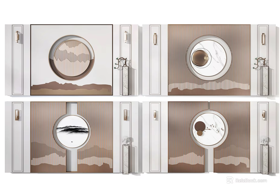 Modern Chinese Sofa Background Wall With Circular Decor And Landscape Patterns 3d model