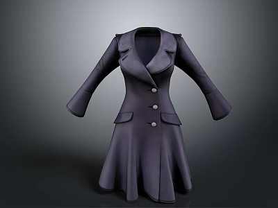 Women's Elegant Dark Long Coat With Tailored Collar Buttons And Pockets 3d model