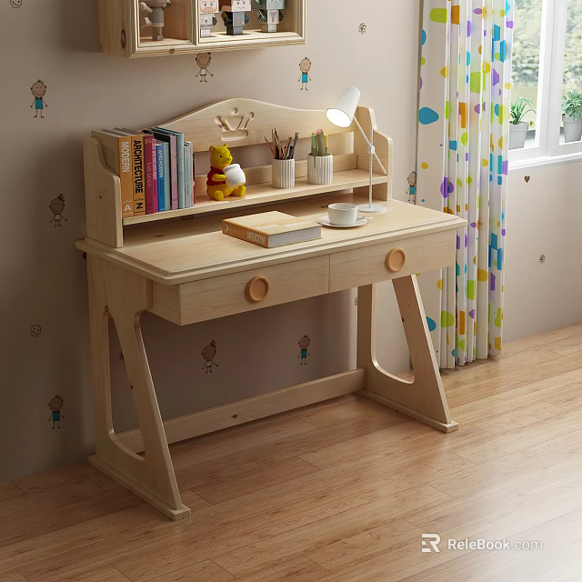 Kids Wooden Study Desk With Bookshelf Lamp Teddy Bear And Cartoon Stickers 3d model 