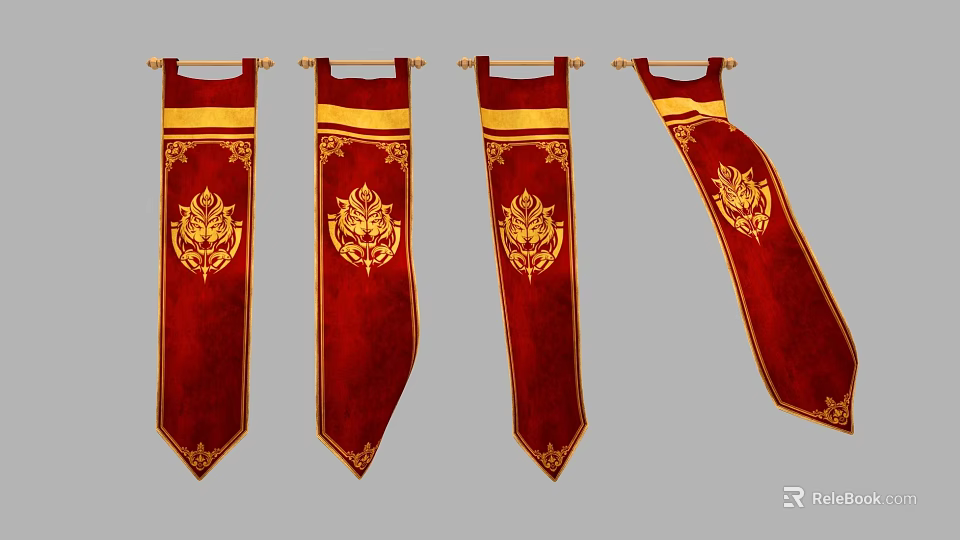 Red Banners Featuring Ornate Golden Badge With Yellow Decorative Trim 3d model 