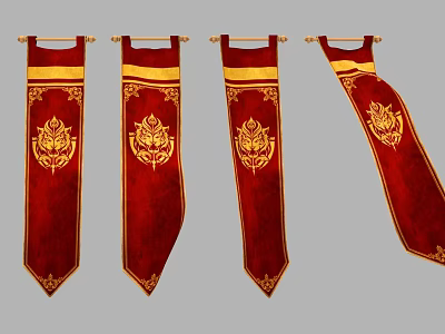 Red Banners Featuring Ornate Golden Badge With Yellow Decorative Trim 3d model