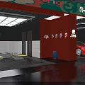 Modern 4S Dealership Interior With Red Walls White Sports Car And Bar Stools