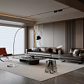 Modern Living Room Interior With Gray Sofa Red Armchair Floor Lamp Coffee Table And Rug
