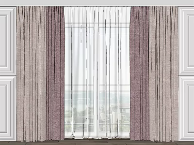 Double Layer Brown White Textured Curtains For Large Window With Sheer And White Paneled Walls 3d model
