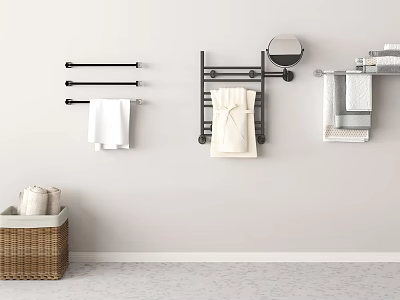 Stylish Bathroom Set With Black Towel Racks Mirror Towels And Wicker Basket 3d model