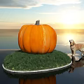 Giant Orange Pumpkin on Small Grass Island with Sunset Over Water and Dog Standing Nearby