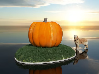Giant Orange Pumpkin on Small Grass Island with Sunset Over Water and Dog Standing Nearby 3d model