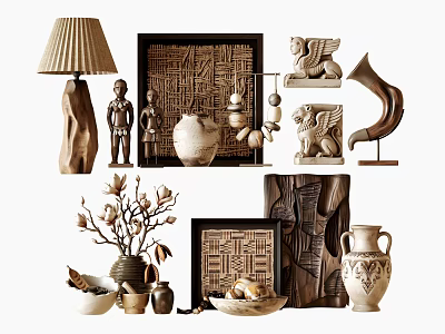 Elegant Wooden Decorative Ornament Set with Sculptures Vases Frames and Table Lamp 3d model