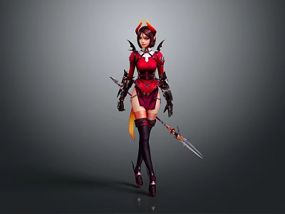 Game And Movie Fantasy Character In Red Outfit With Horned Headpiece Sword And Black Accessories 3d model