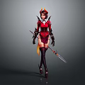 Game And Movie Fantasy Character In Red Outfit With Horned Headpiece Sword And Black Accessories