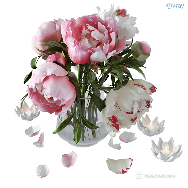 Pink And White Peonies In Transparent Glass Vase With Scattered Petals And Lotus Candles 3d model 
