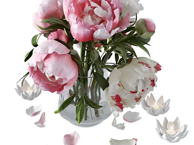 Pink And White Peonies In Transparent Glass Vase With Scattered Petals And Lotus Candles 3d model