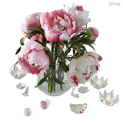 Pink And White Peonies In Transparent Glass Vase With Scattered Petals And Lotus Candles 3d model