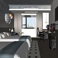 Hotel Guest Room Featuring Dual Workstations Ergonomic Chairs Computer Monitors Wooden Cabinetry And Glass Partition