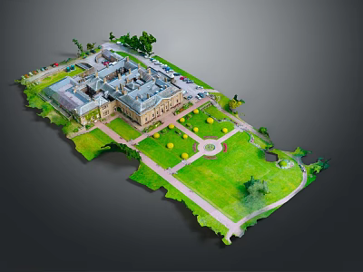 Grand Classical Building With Large Lawn Garden Pathway And Parking Area 3d model