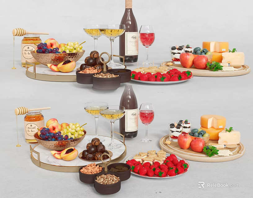 Delicious Assorted Food Platter With Fresh Fruits Cheese Nuts Honey Wine Bottles And Wine Glasses 3d model 