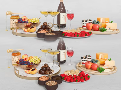 Delicious Assorted Food Platter With Fresh Fruits Cheese Nuts Honey Wine Bottles And Wine Glasses 3d model